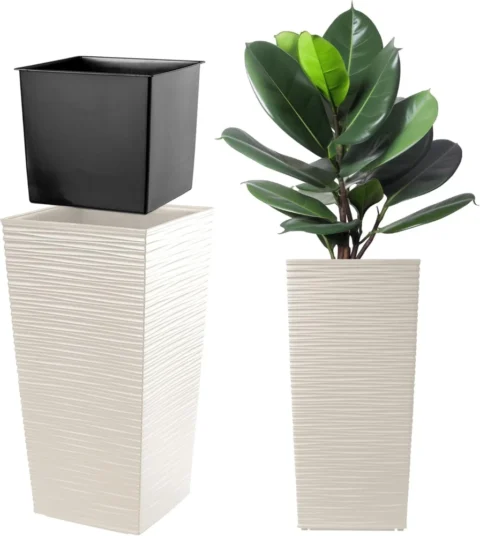Pot de fleurs haut effet rotin crème, 57 cm de haut