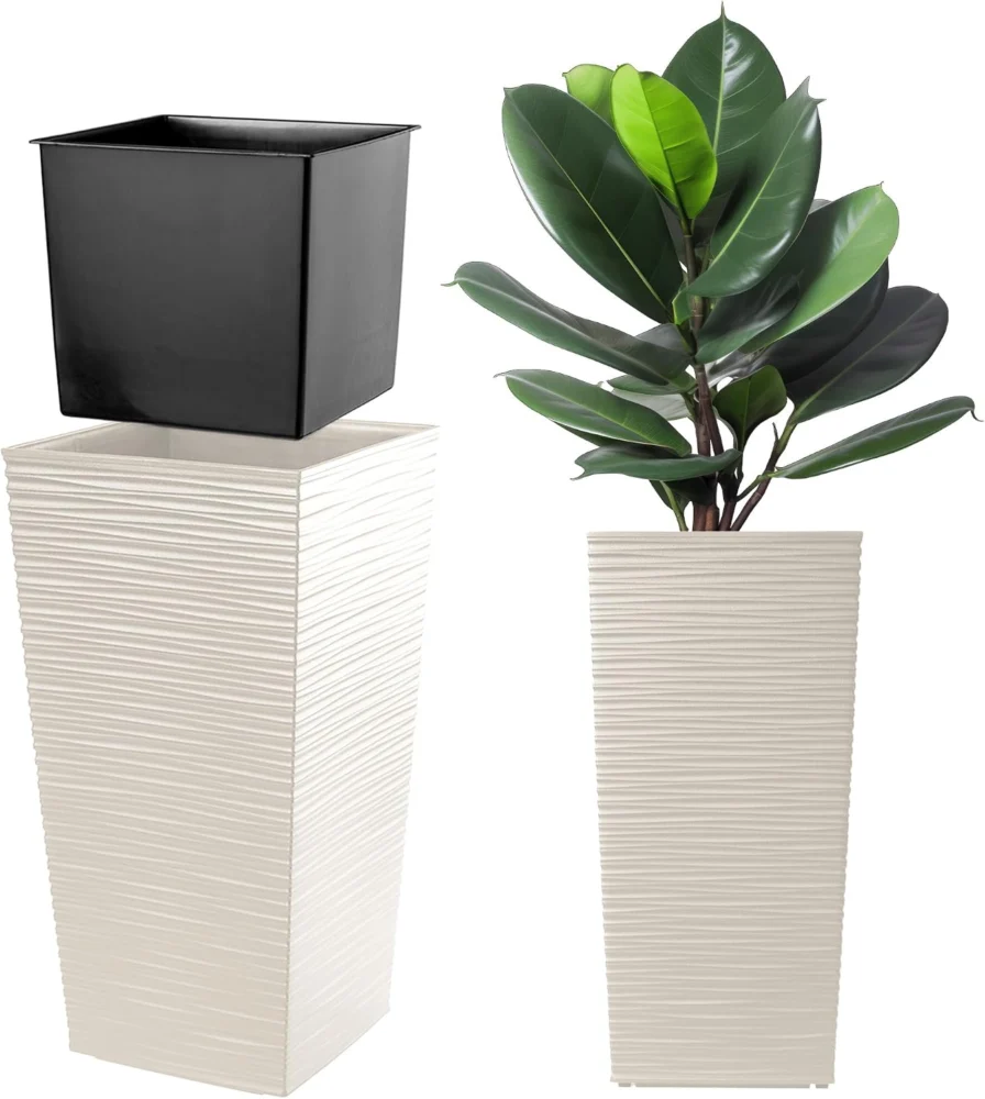 Pot de fleurs haut effet rotin crème, 57 cm de haut