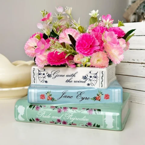 Pot de fleurs livre en céramique bleue, avec drainage