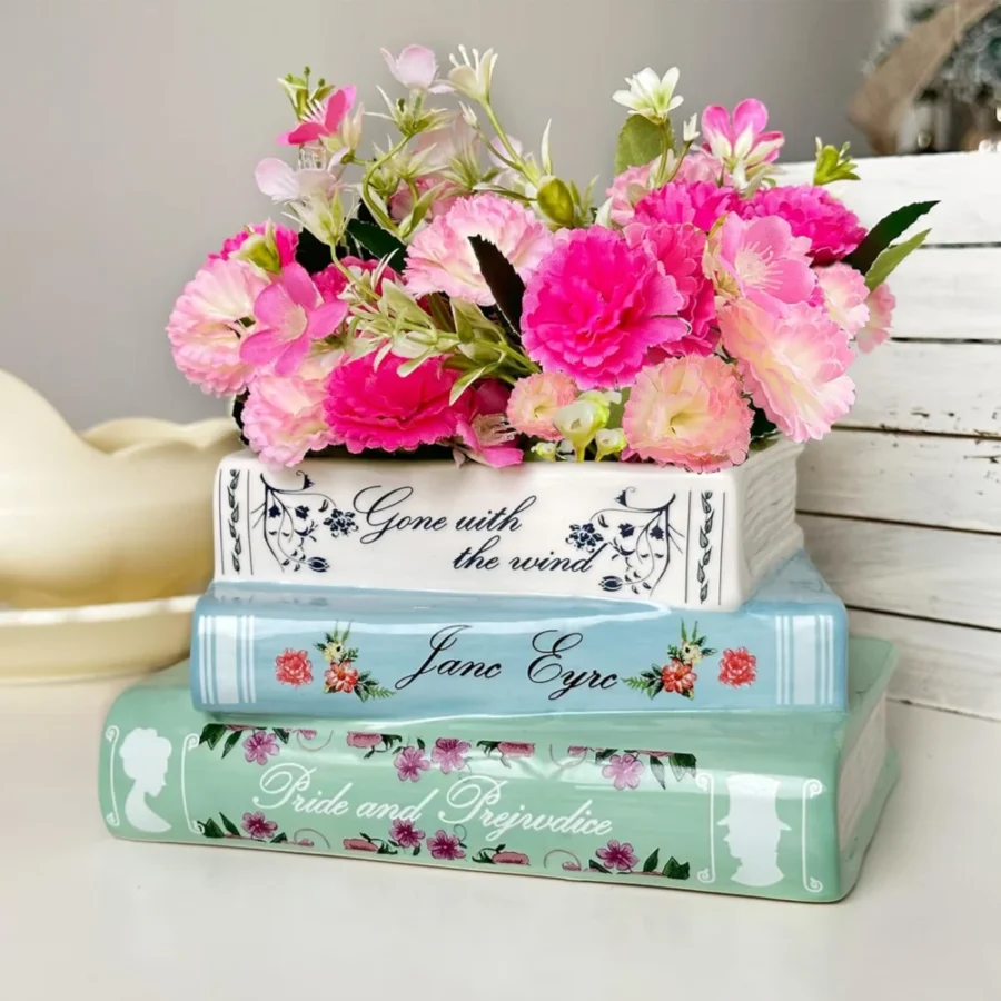Pot de fleurs livre en céramique bleue, avec drainage