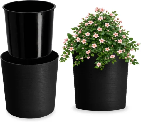 Pot de fleurs noir en plastique et copeaux de bois, 25 cm