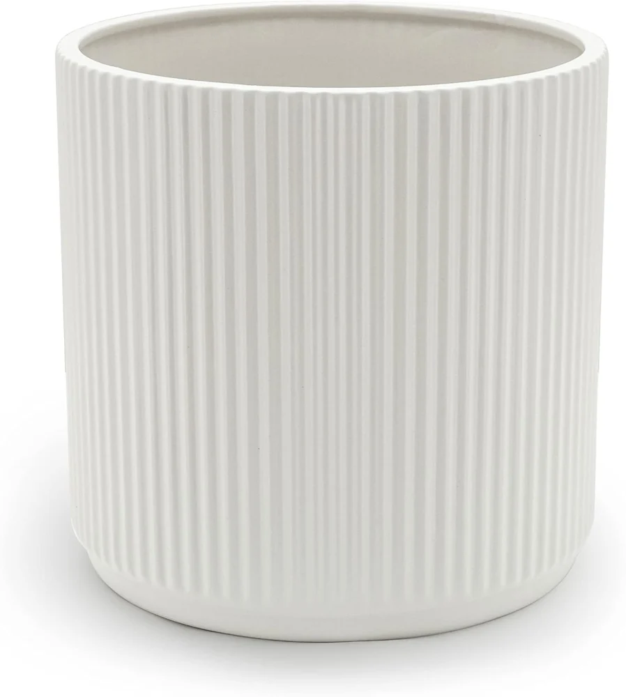 Pot de fleurs rond en céramique rainurée blanche, 20,3 cm