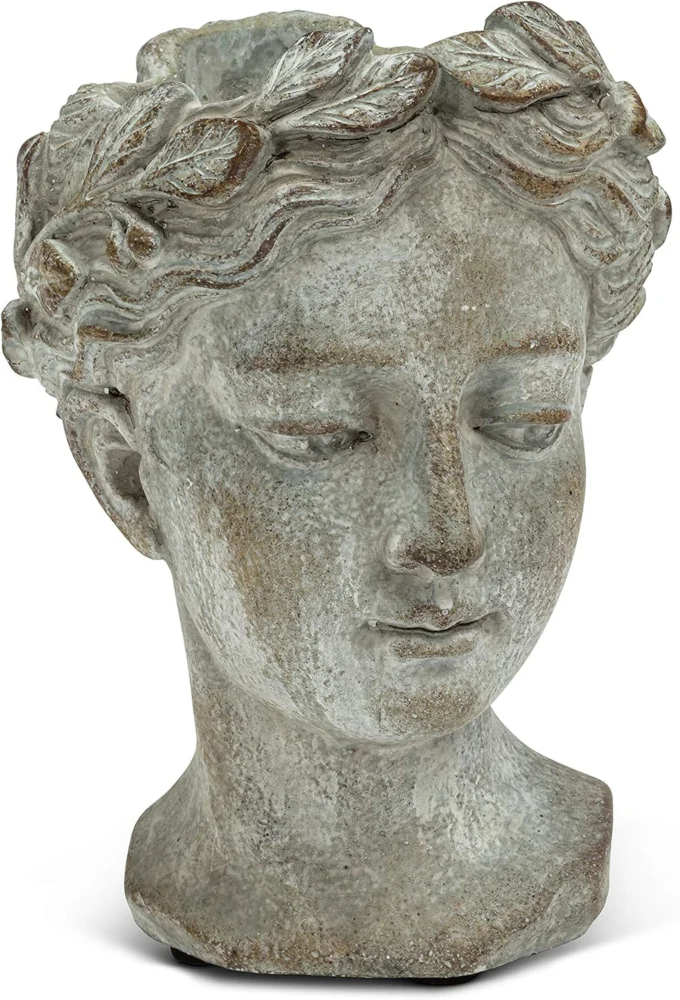 Pot de fleurs tête de femme classique, ciment gris