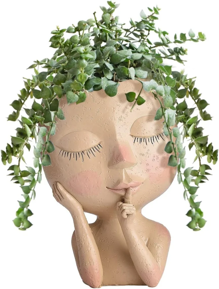 Pot de fleurs tête humaine en résine, avec drainage, marron
