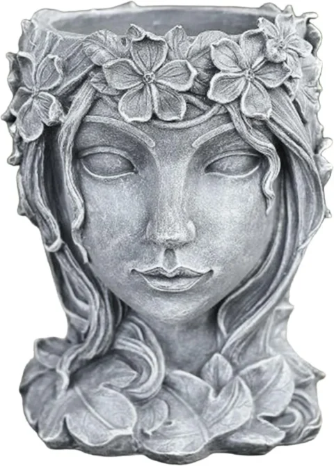 Pot de fleurs visage en résine grise, avec drainage, 20 cm
