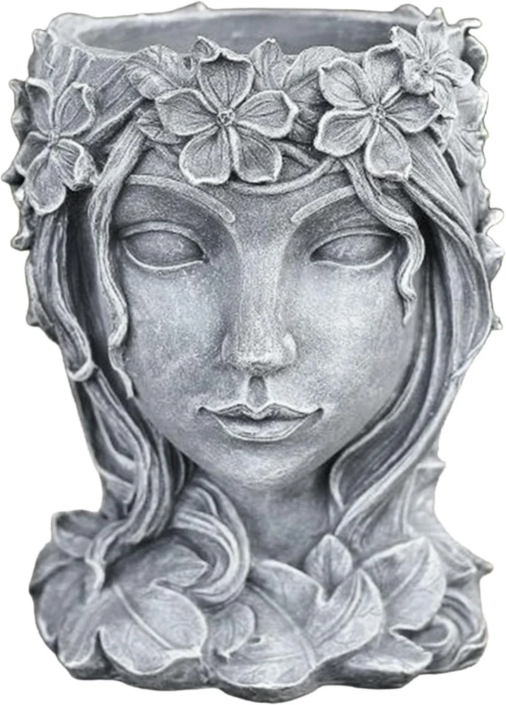 Pot de fleurs visage en résine grise, avec drainage, 20 cm