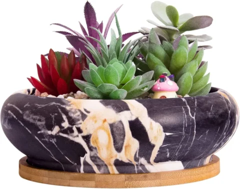 Pot rond en céramique noire effet marbre, 15,5 cm