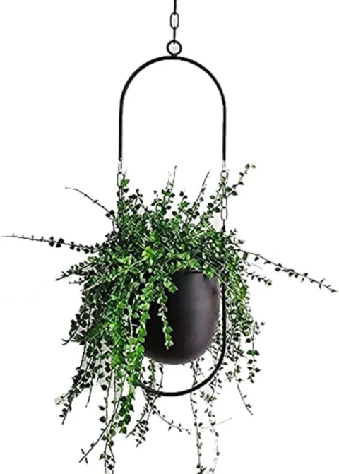 Pot suspendu ovale en métal noir, chaîne 50 cm
