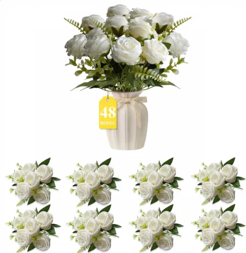 Roses blanches artificielles à longue tige, lot de 24