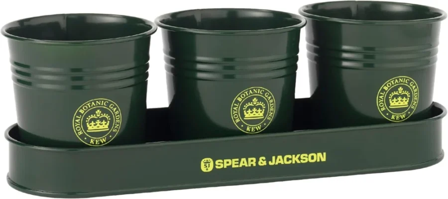 Set de 3 pots à herbes en acier vert, avec plateau