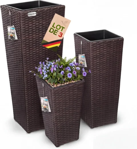 Set de 3 pots de fleurs en polyrotin brun