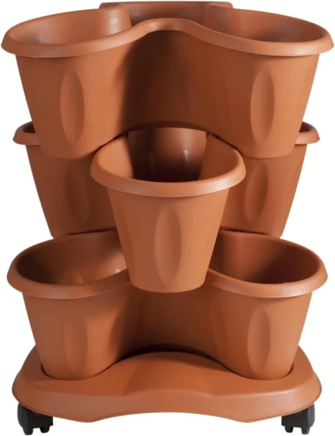 Set de 3 pots terre cuite sur chariot à roulettes