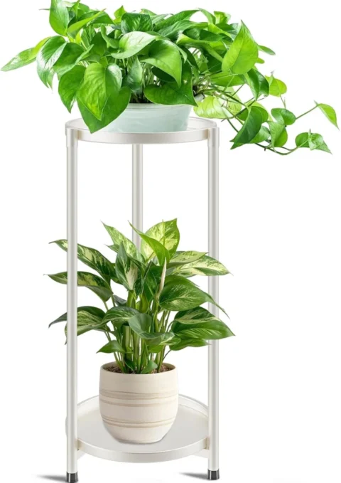 Support à plantes 2 niveaux en métal blanc 72 cm