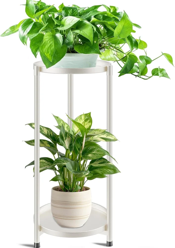 Support à plantes 2 niveaux en métal blanc 72 cm