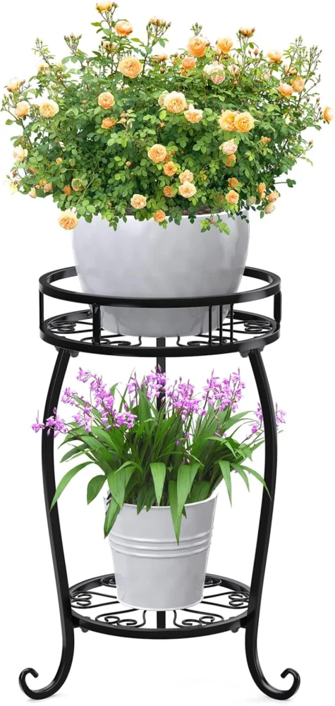Support à plantes 2 niveaux en métal noir, 49 cm
