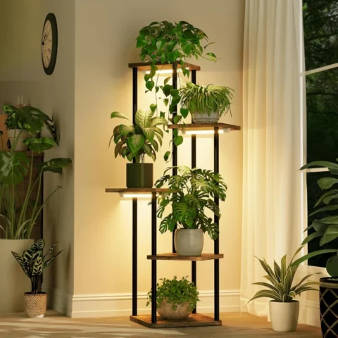 Support à plantes 5 niveaux avec lampe, bois et métal