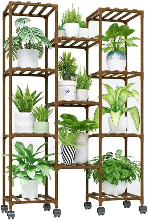 Support à plantes à roulettes pour onze pots, bois