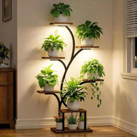 Support à plantes en forme d’arbre, 7 niveaux, lampes