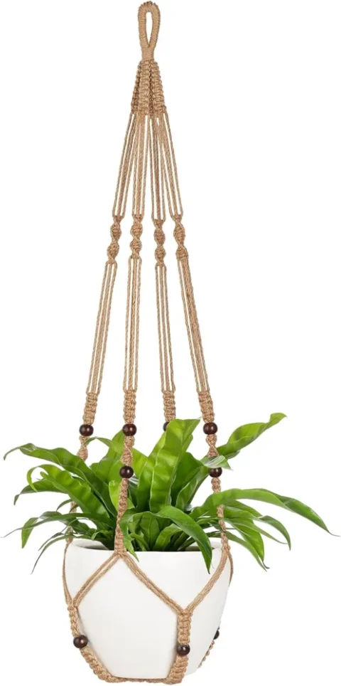 Suspension macramé en coton brun, 109 cm, avec perles