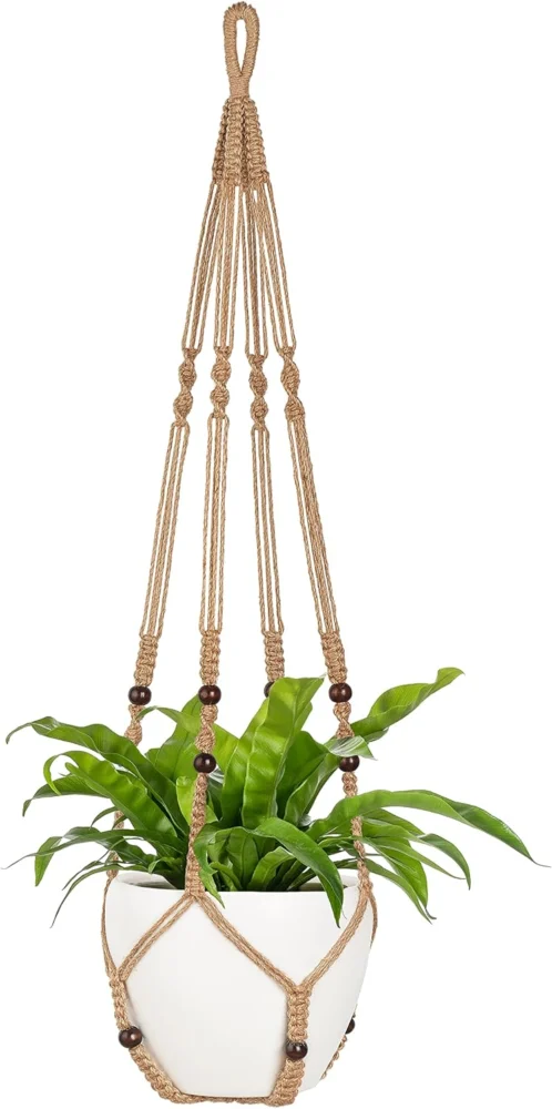 Suspension macramé en coton brun, 109 cm, avec perles