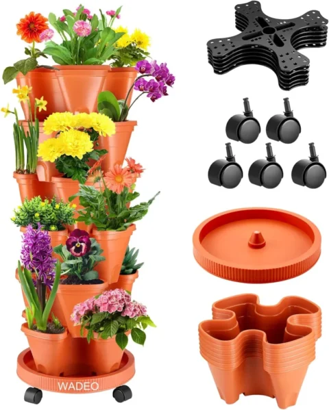 Tour de 6 pots empilables orange avec roues