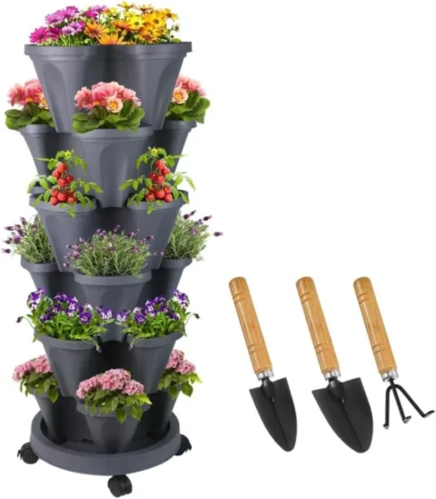 Tour de jardin verticale empilable, 6 niveaux, grise