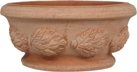 Vase bas en terre cuite artisanale, 30 cm, motif floral
