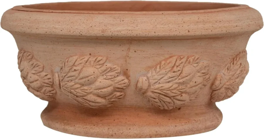 Vase bas en terre cuite artisanale, 30 cm, motif floral