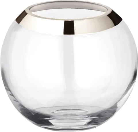 Vase boule en verre soufflé, bord platine, 20 cm