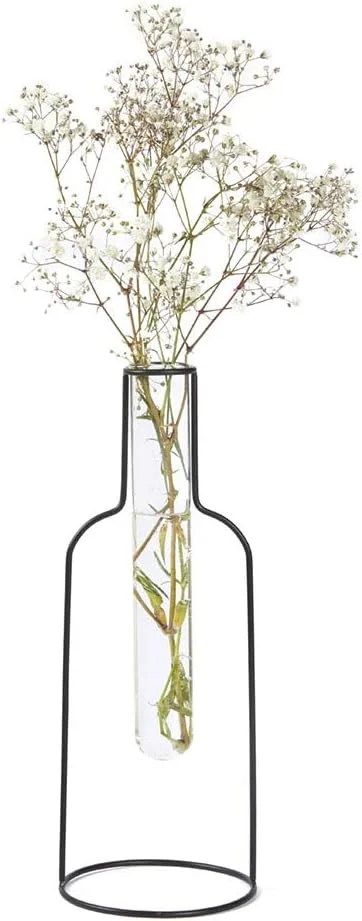 Vase bouteille en métal noir et tube en verre, 26,5 cm