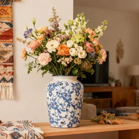 Vase bouteille vintage bleu et blanc, 20 cm