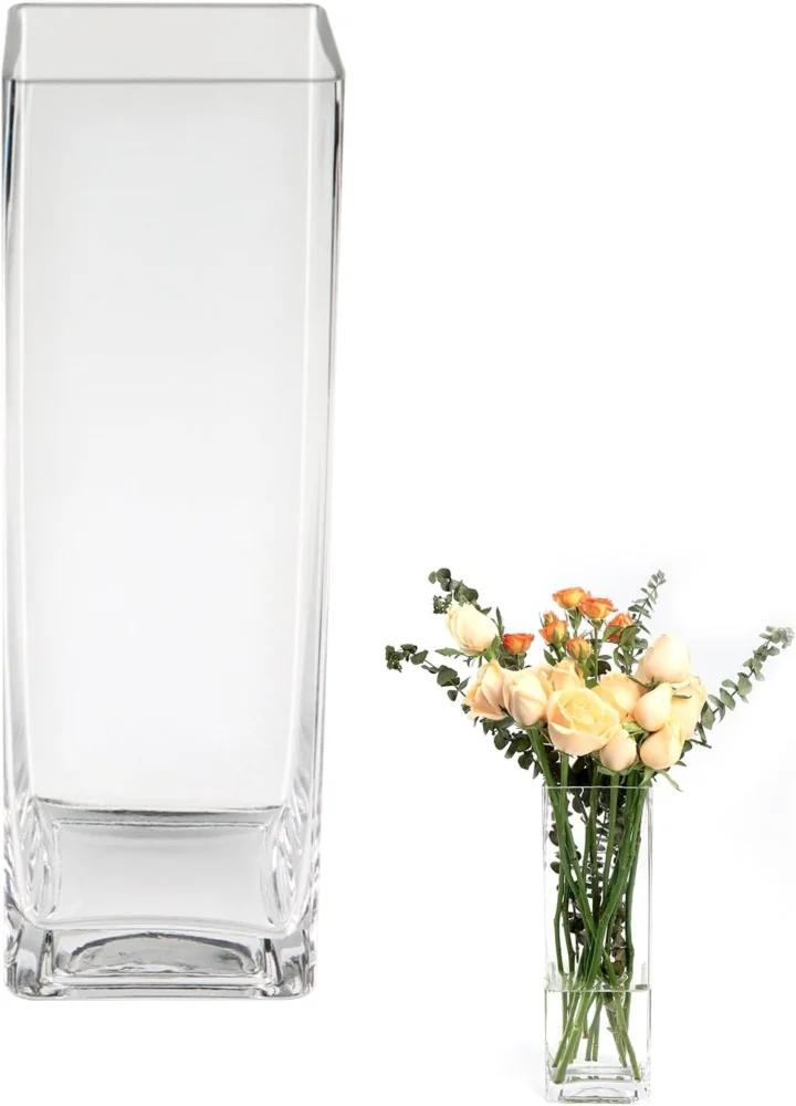 Vase carré en verre transparent fait main, 30 cm