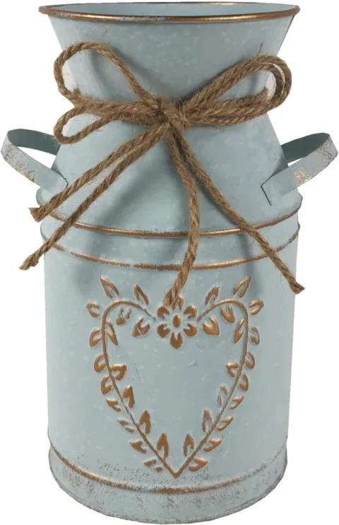 Vase cœur en métal galvanisé bleu clair, avec poignée, 19 cm