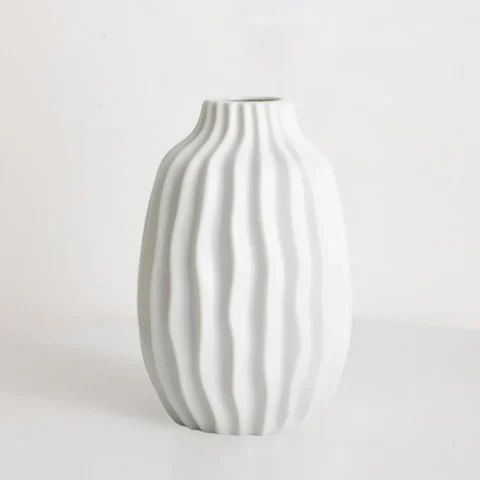 Vase côtelé en céramique blanche, style rustique, 20 cm