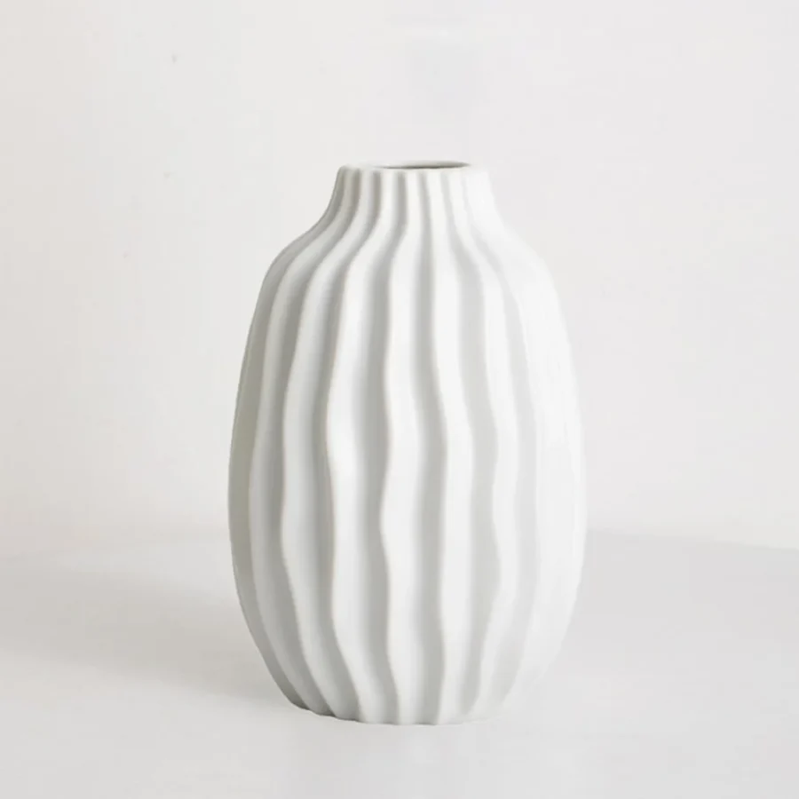 Vase côtelé en céramique blanche, style rustique, 20 cm