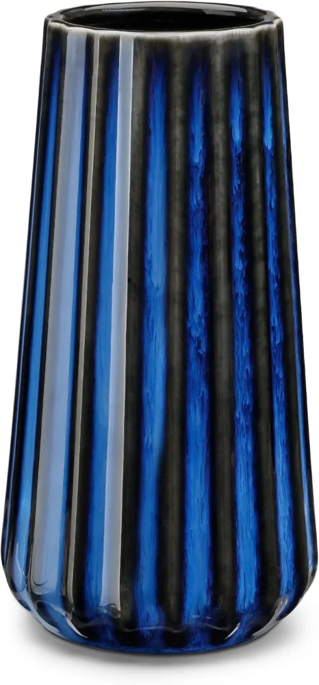 Vase côtelé en céramique bleue brillante, 20 cm