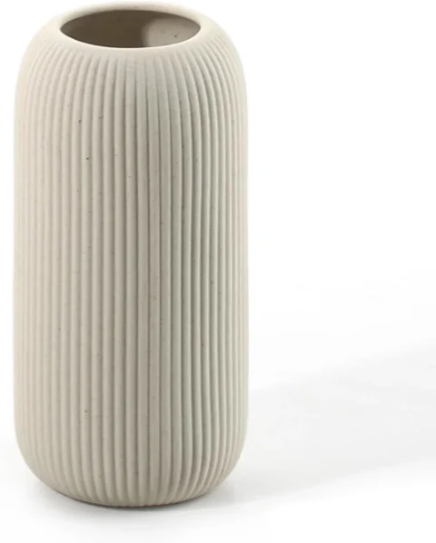 Vase cylindrique en céramique nervurée, beige
