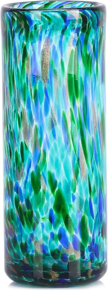 Vase cylindrique en verre soufflé turquoise, 24 cm