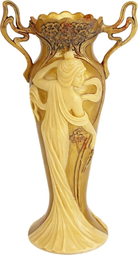 Vase de salon ivoire en résine moulée, motif fleur, 29 cm