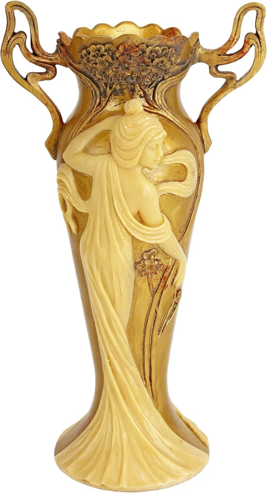 Vase de salon ivoire en résine moulée, motif fleur, 29 cm