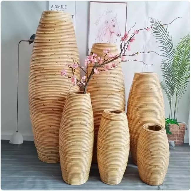 Vase de sol en rotin tressé à la main, finition naturelle, 40 cm