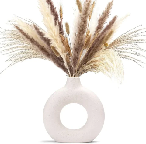 Vase donut en céramique beige pour pampas, taille M