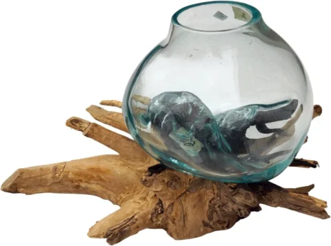 Vase en bois de racine avec insert en verre, 20 cm