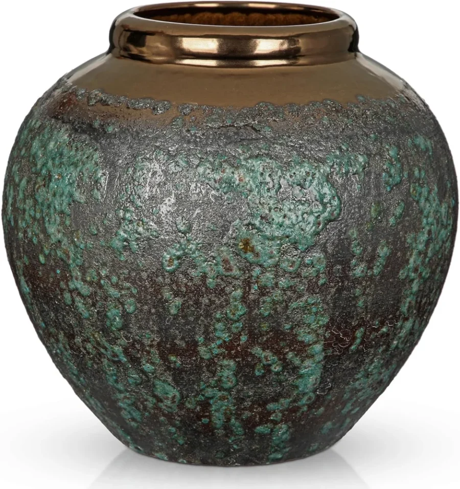 Vase en céramique effet patine bronze et vert, 21 cm