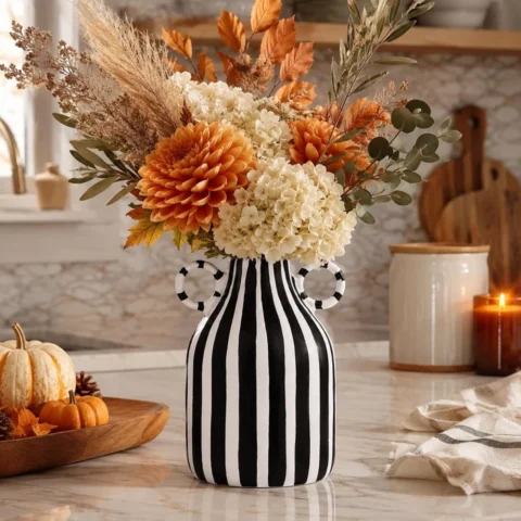 Vase en céramique rayé noir et blanc, peint main