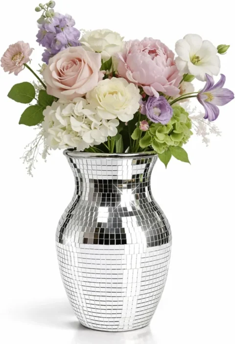 Vase en mosaïque miroir argentée, 20 cm de haut