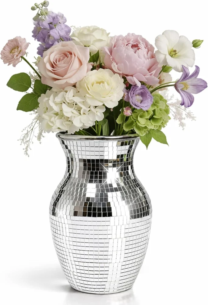 Vase en mosaïque miroir argentée, 20 cm de haut