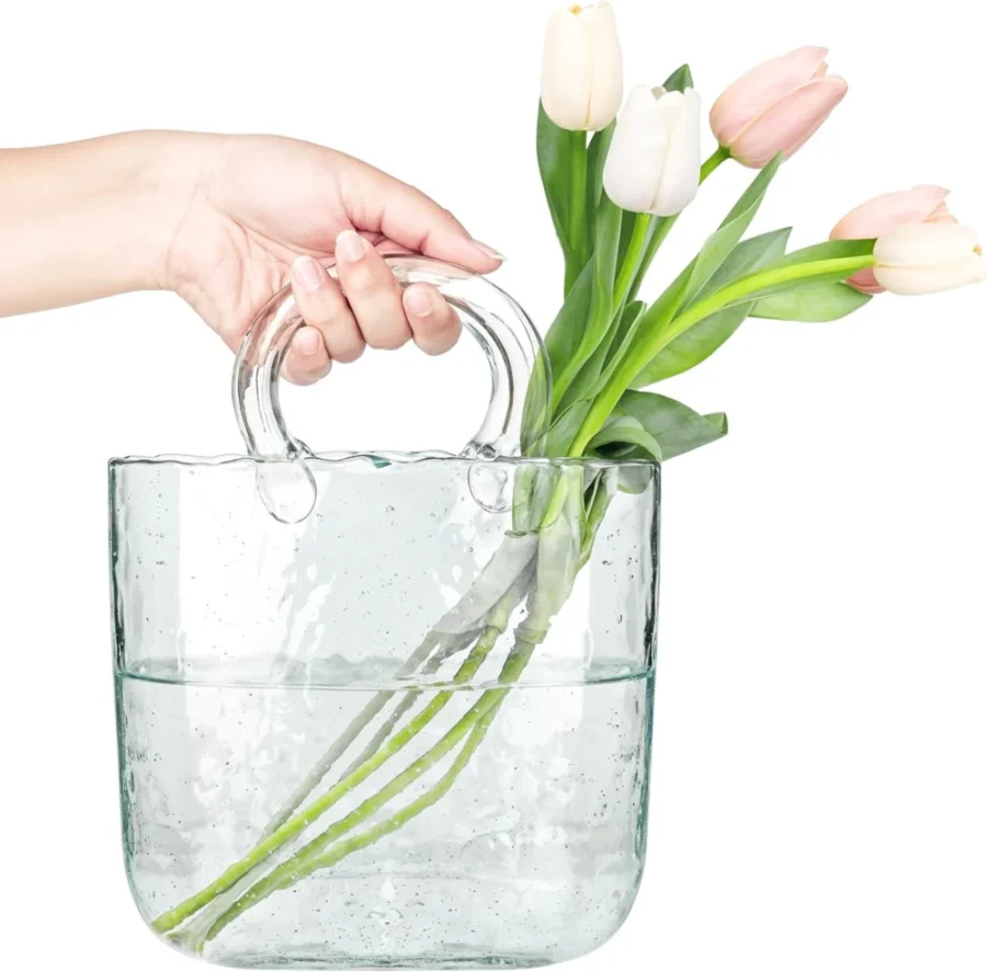 Vase en verre transparent forme sac à main