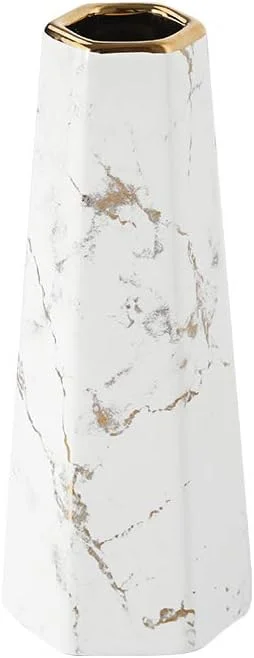 Vase hexagonal en céramique blanc et or, marbré