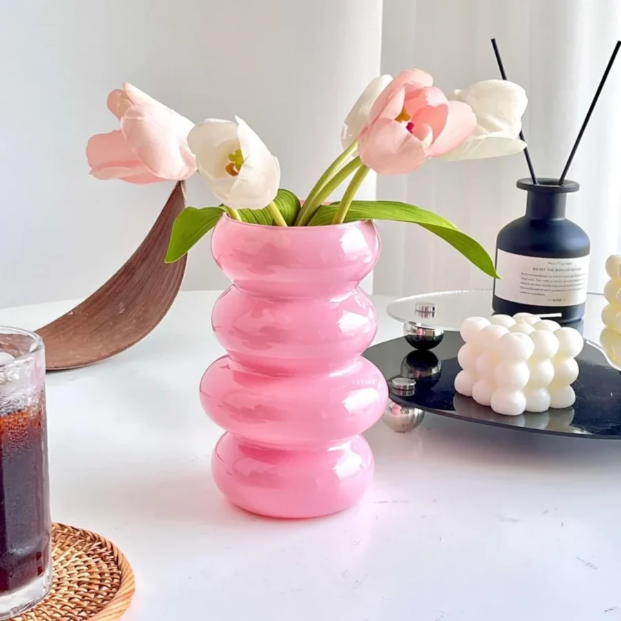 Vase hydroponique en verre rose, design 4 niveaux